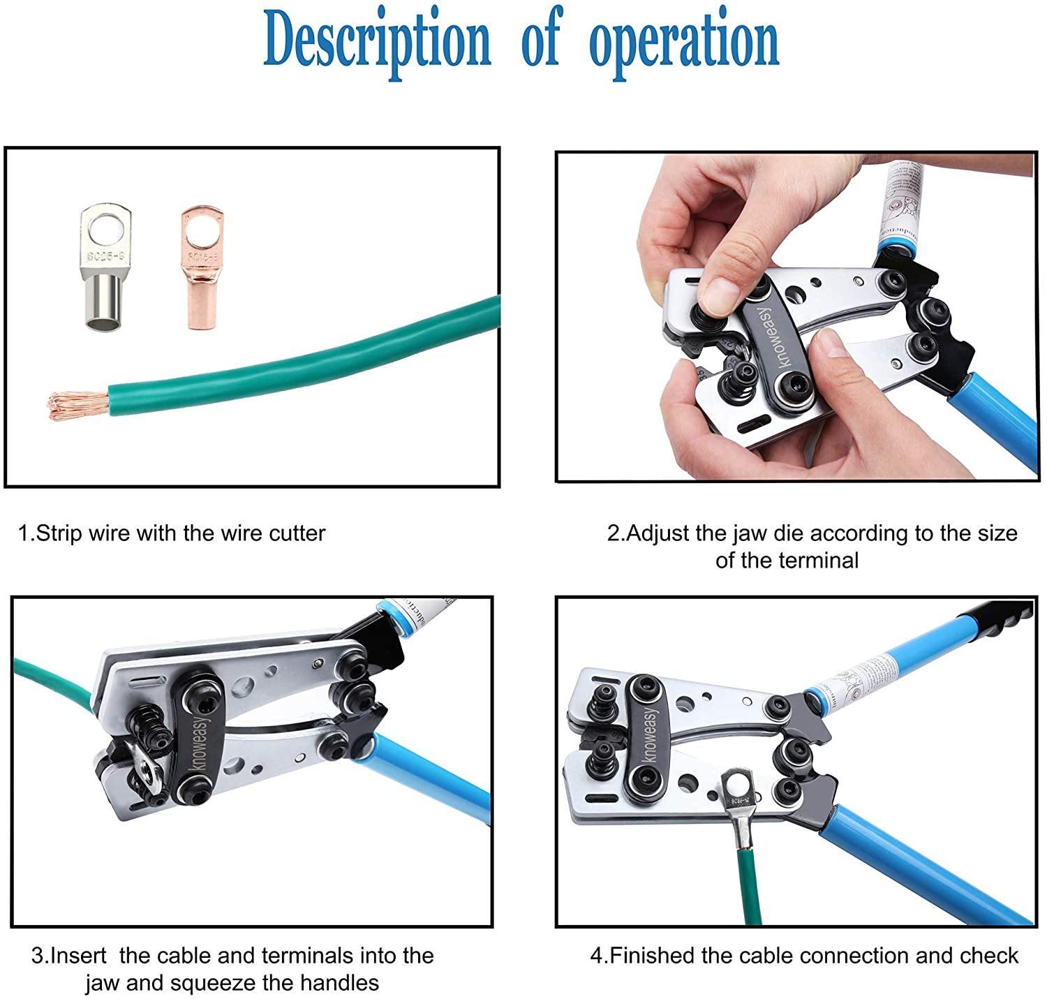 Cable Lug Crimping Tool,Knoweasy Battery Cable Lug Crimper with Wire Cutter for Heavy Duty Wire Copper Lugs AWG 10,8,6,4,2,1/0 - knoweasy