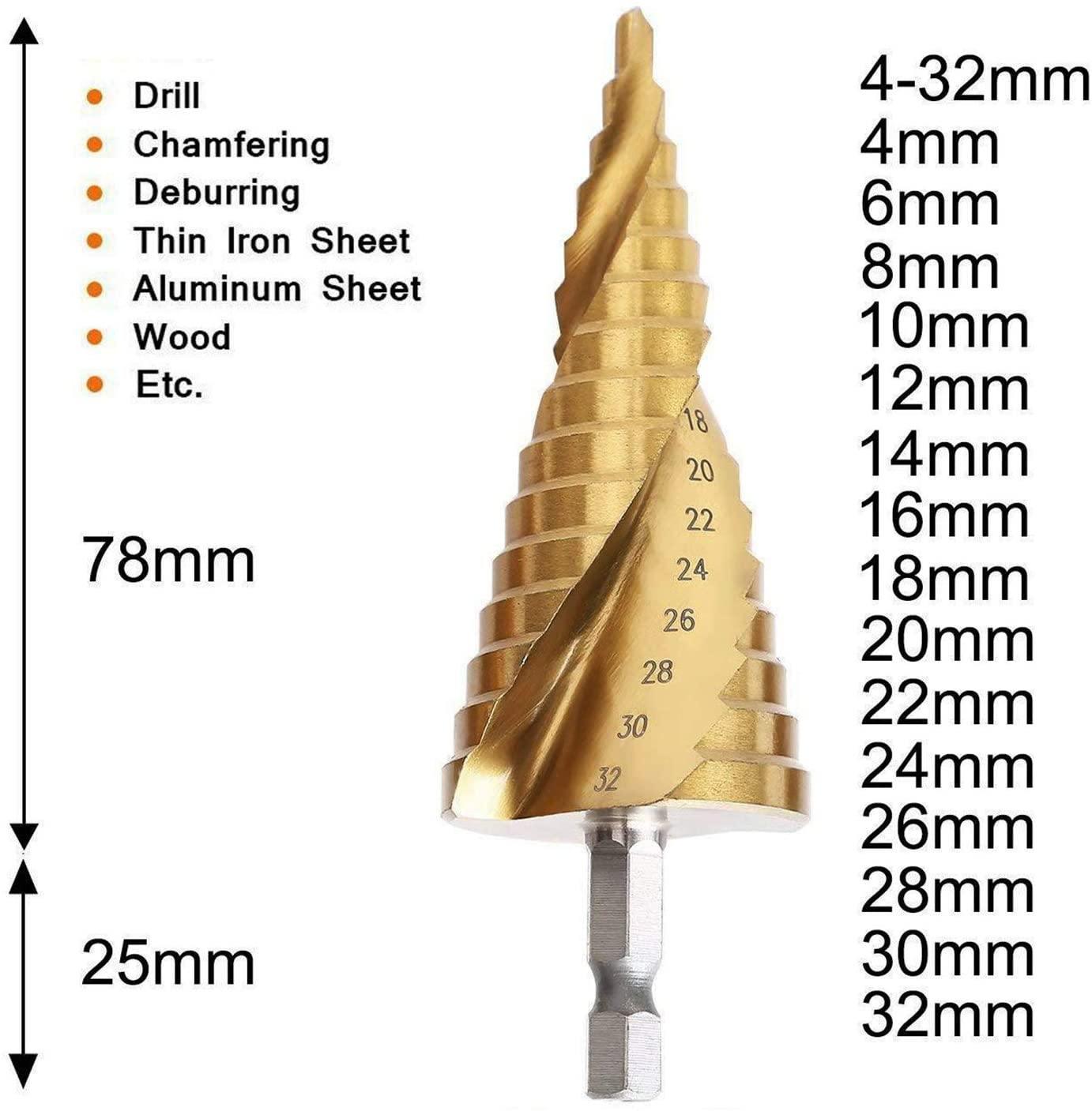 Knoweasy HSS Titanium Coated Spiral Grooved Step Drill 3-Piece Set,4-12mm/4-20mm/4-32mm Drill Bits Set,Used for Drilling Plate Aluminum Metal Wood Hole, Large Hole Drill Suitable for DIY Lovers - knoweasy