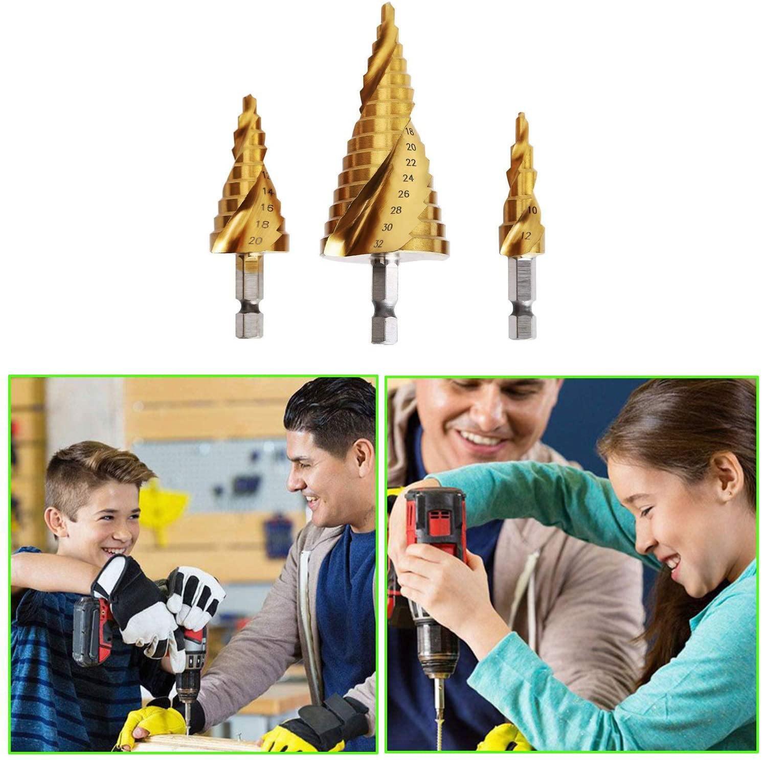 Knoweasy HSS Titanium Coated Spiral Grooved Step Drill 3-Piece Set,4-12mm/4-20mm/4-32mm Drill Bits Set,Used for Drilling Plate Aluminum Metal Wood Hole, Large Hole Drill Suitable for DIY Lovers - knoweasy