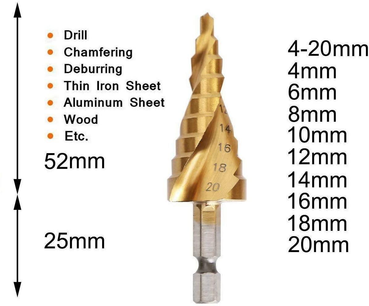 Knoweasy HSS Titanium Coated Spiral Grooved Step Drill 3-Piece Set,4-12mm/4-20mm/4-32mm Drill Bits Set,Used for Drilling Plate Aluminum Metal Wood Hole, Large Hole Drill Suitable for DIY Lovers - knoweasy