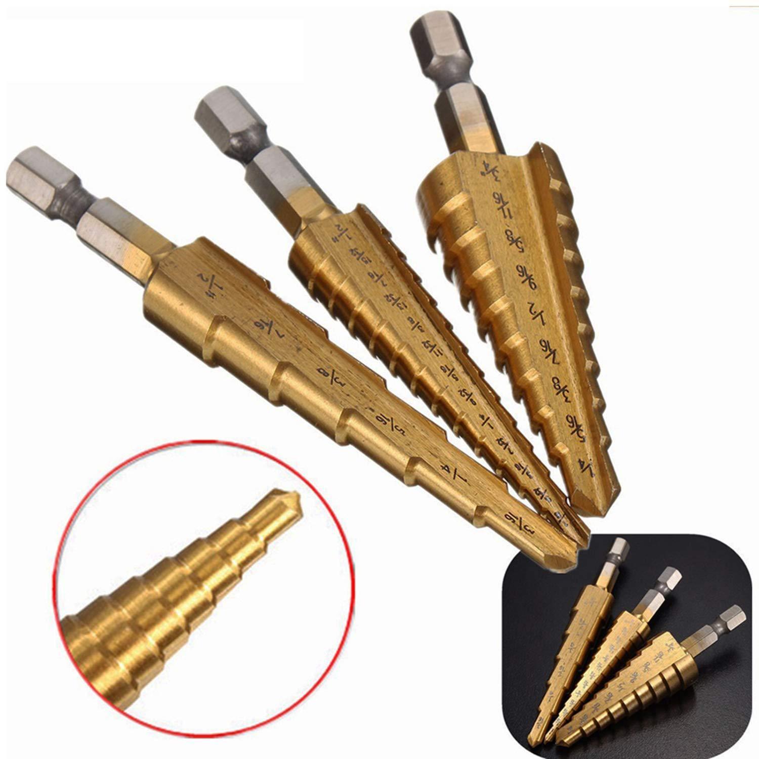 Step Drill Bit,Knoweasy 3pcs High Speed Steel Drill Kit for Metal Aluminium and Wood Drilling Hole - knoweasy