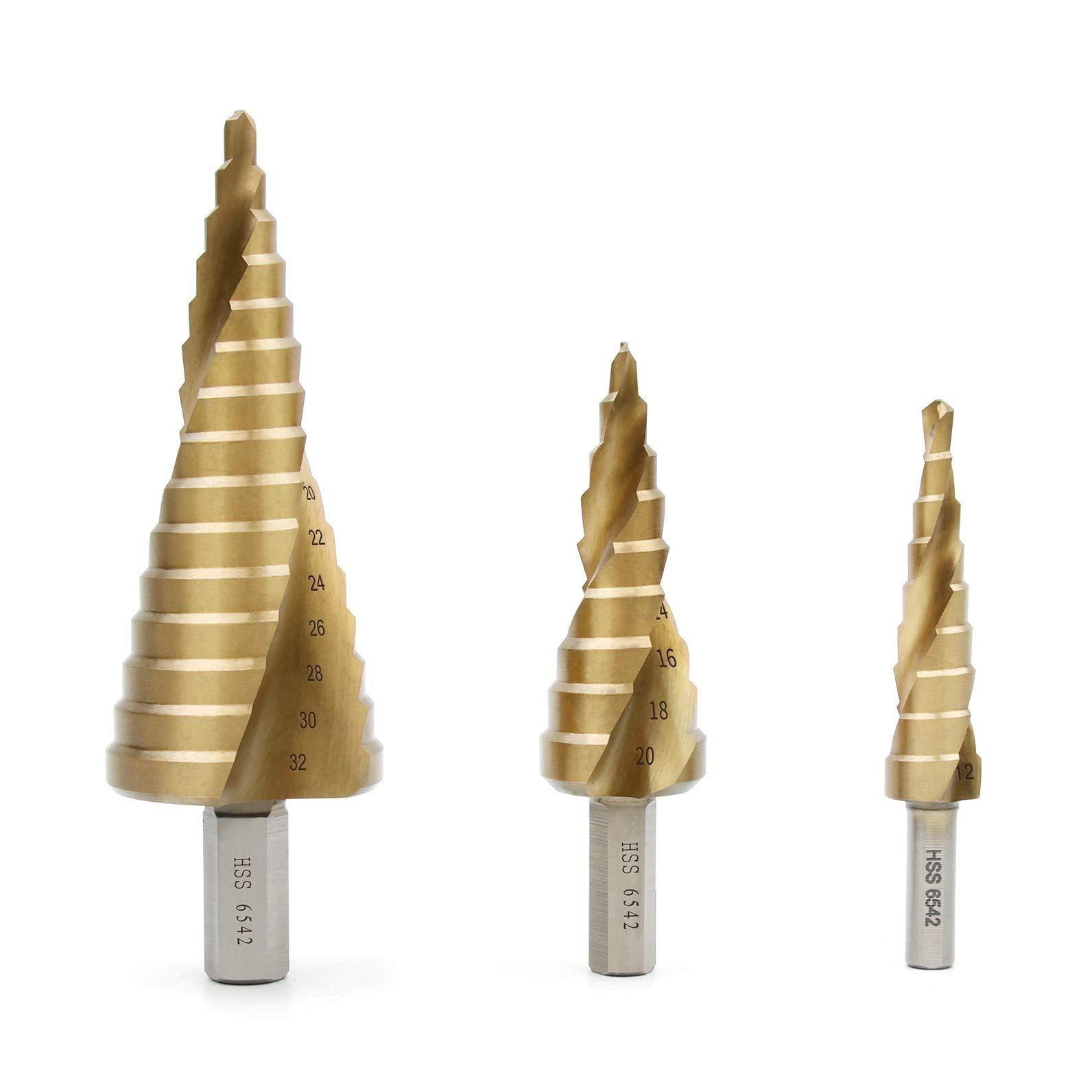 Step Drill Bit,Knoweasy HSS(6542) Titanium Coated Spiral Grooved Step Drill 3-Piece Set,4-12mm/4-20mm/4-32mm Drill Bits Set for Sheet Metal Hole Drilling - knoweasy