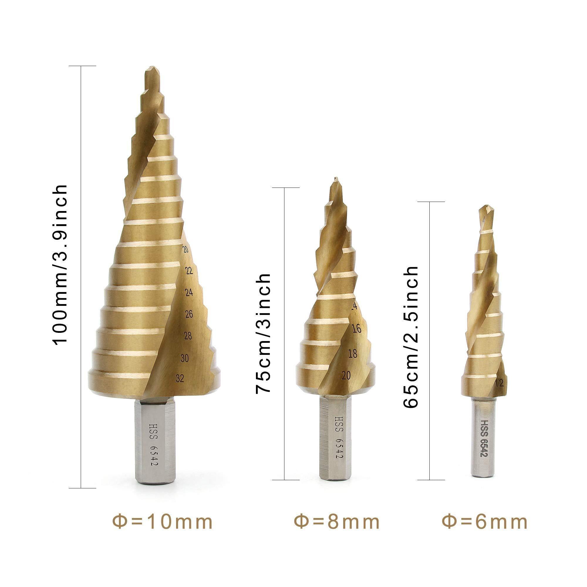 Step Drill Bit,Knoweasy HSS(6542) Titanium Coated Spiral Grooved Step Drill 3-Piece Set,4-12mm/4-20mm/4-32mm Drill Bits Set for Sheet Metal Hole Drilling - knoweasy