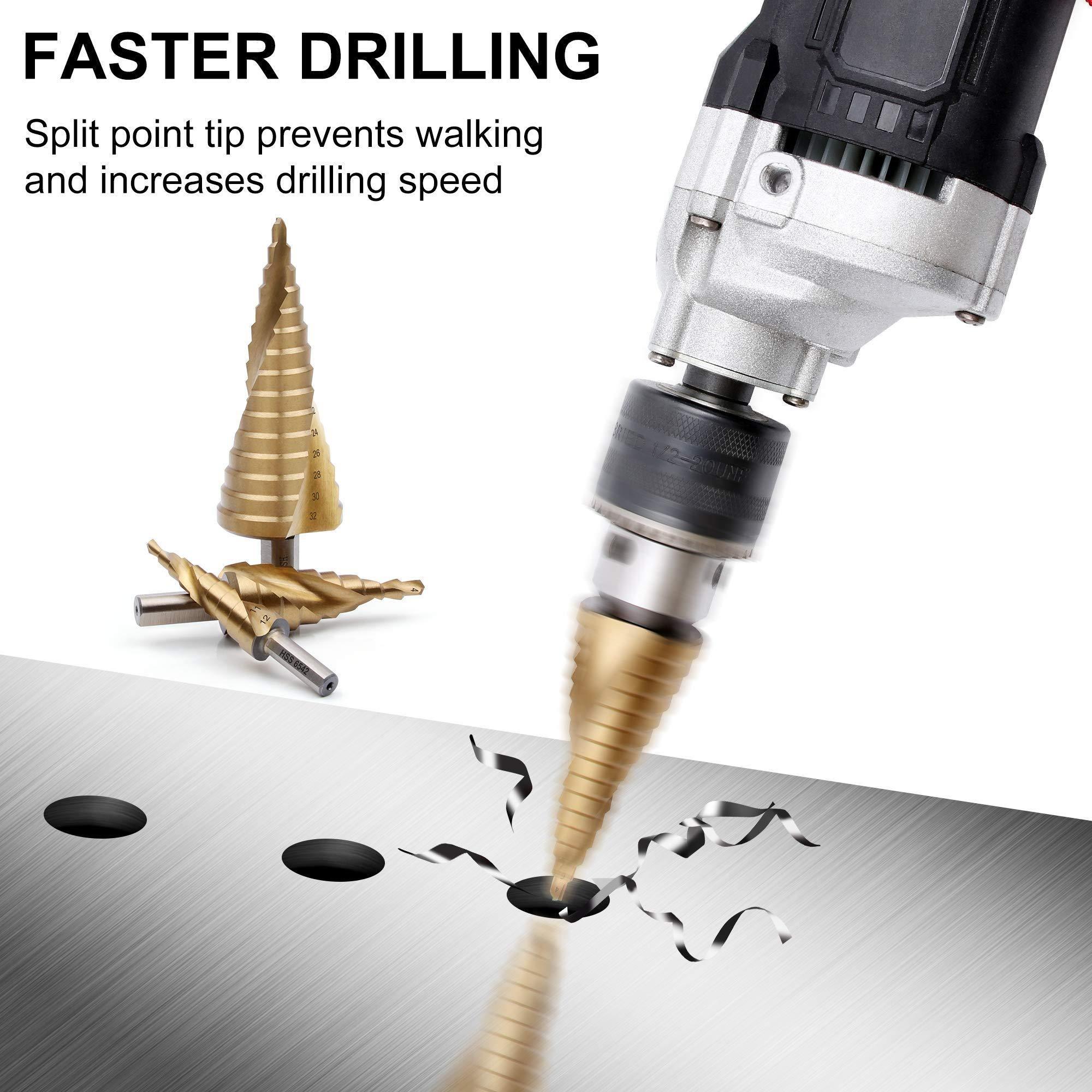 Step Drill Bit,Knoweasy HSS(6542) Titanium Coated Spiral Grooved Step Drill 3-Piece Set,4-12mm/4-20mm/4-32mm Drill Bits Set for Sheet Metal Hole Drilling - knoweasy