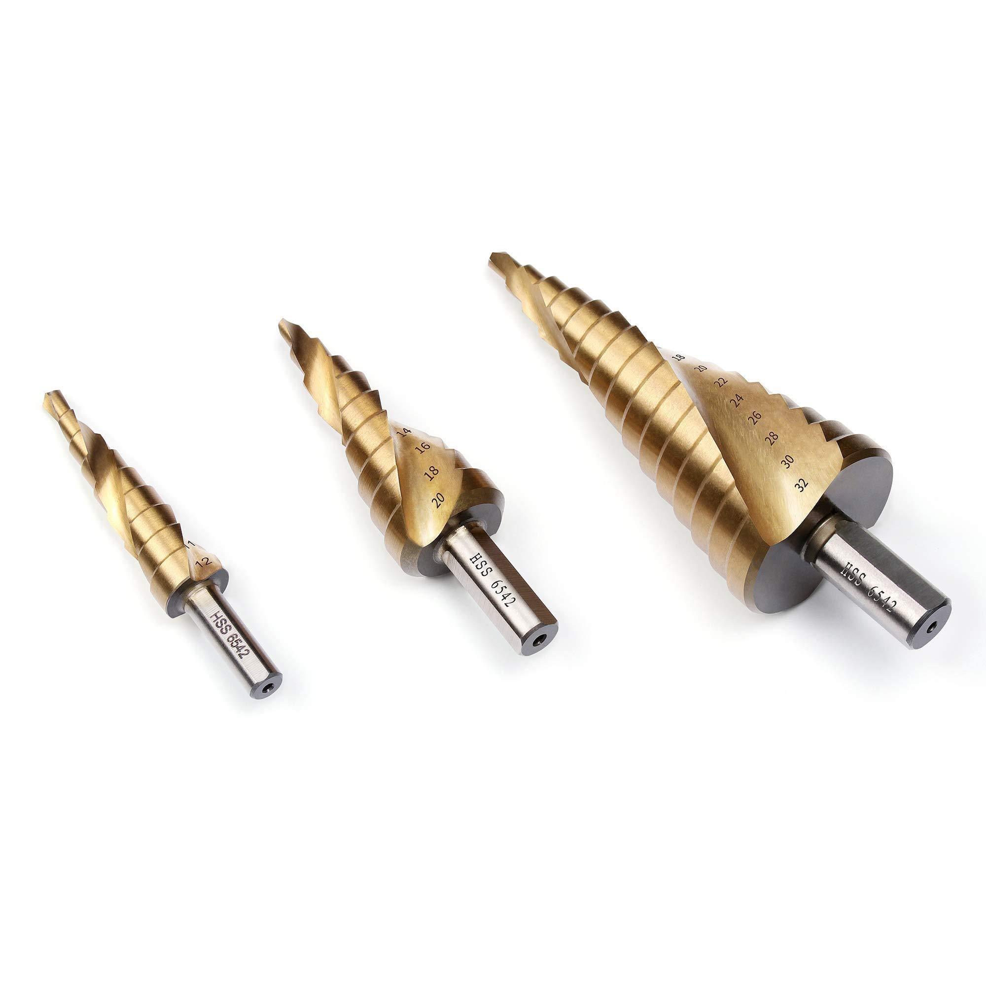 Step Drill Bit,Knoweasy HSS(6542) Titanium Coated Spiral Grooved Step Drill 3-Piece Set,4-12mm/4-20mm/4-32mm Drill Bits Set for Sheet Metal Hole Drilling - knoweasy