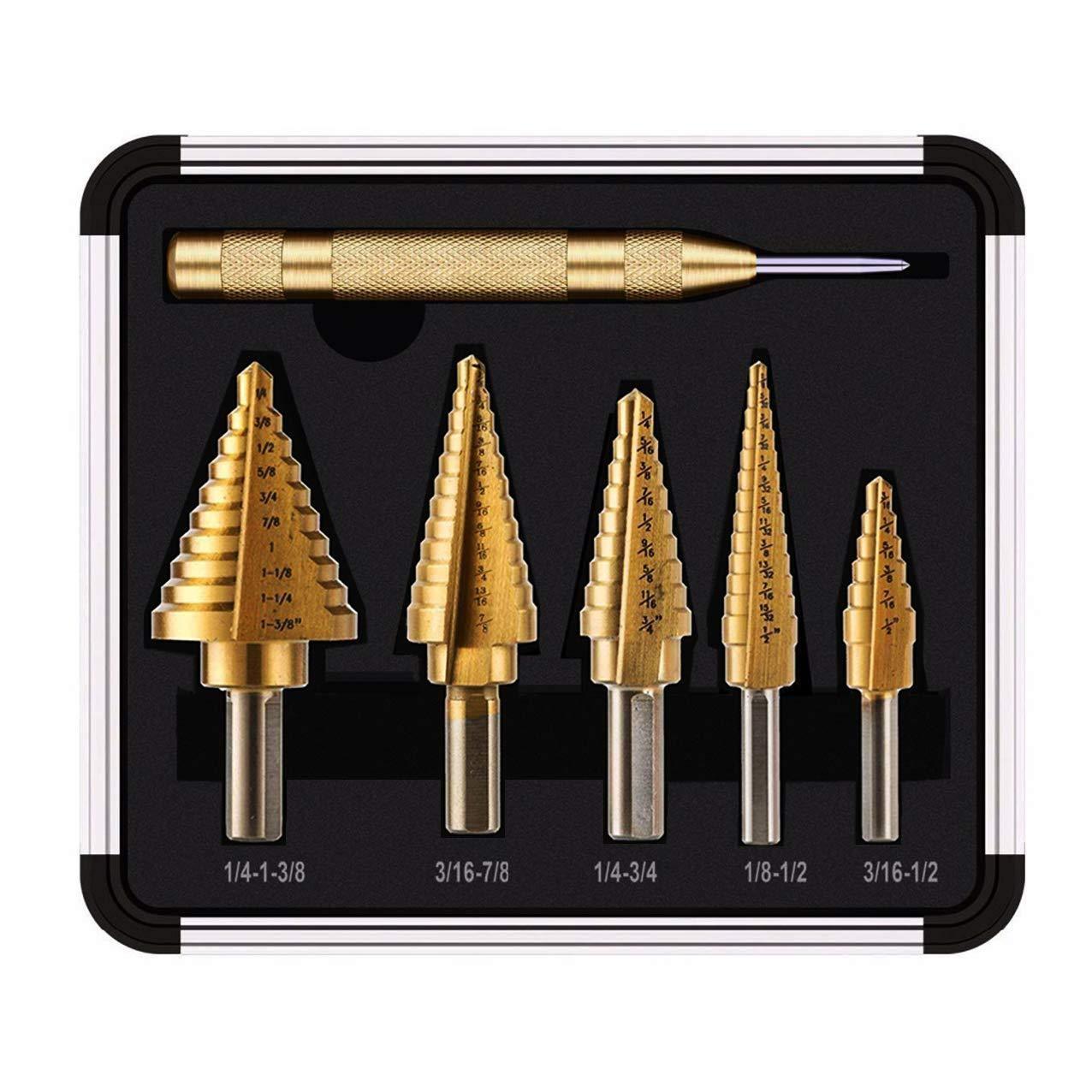 Step Drill Kit,Knoweasy 5PCS HSS Titanium Step Drill Bit Set with Automatic Center Punch and Multiple Hole 50 Sizes of High Speed Steel Step Drill Set with Aluminum Case - knoweasy
