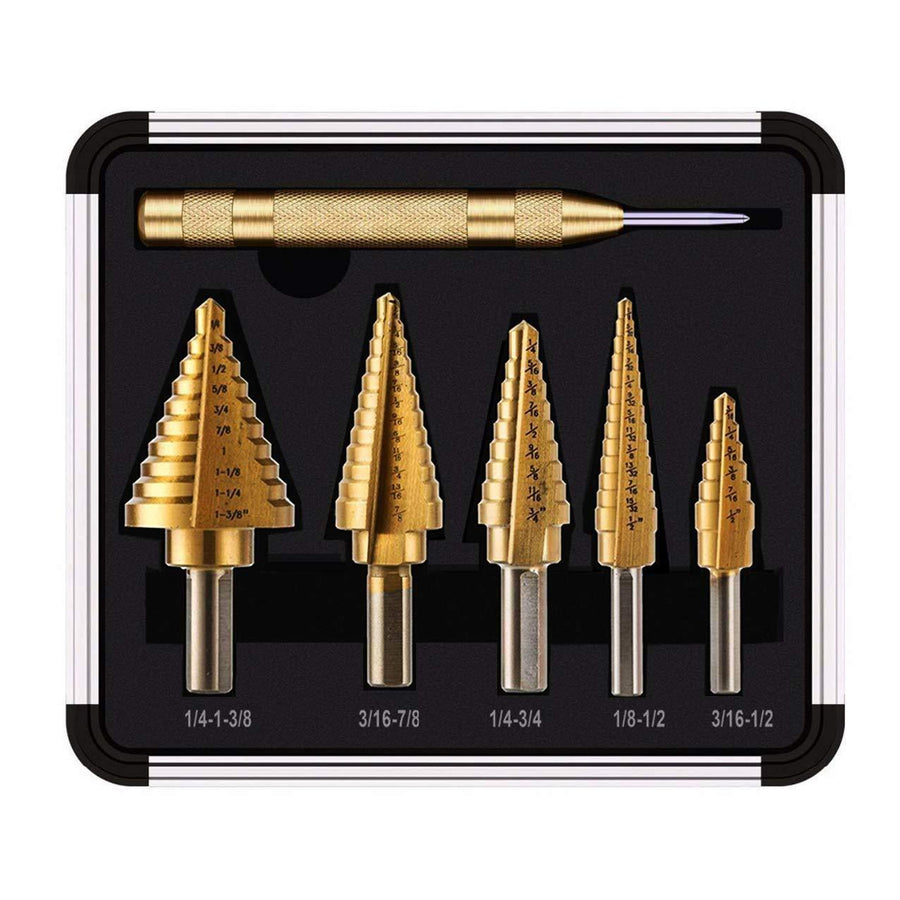Step Drill Kit,Knoweasy 5PCS HSS Titanium Step Drill Bit Set with Automatic Center Punch and Multiple Hole 50 Sizes of High Speed Steel Step Drill Set with Aluminum Case - knoweasy