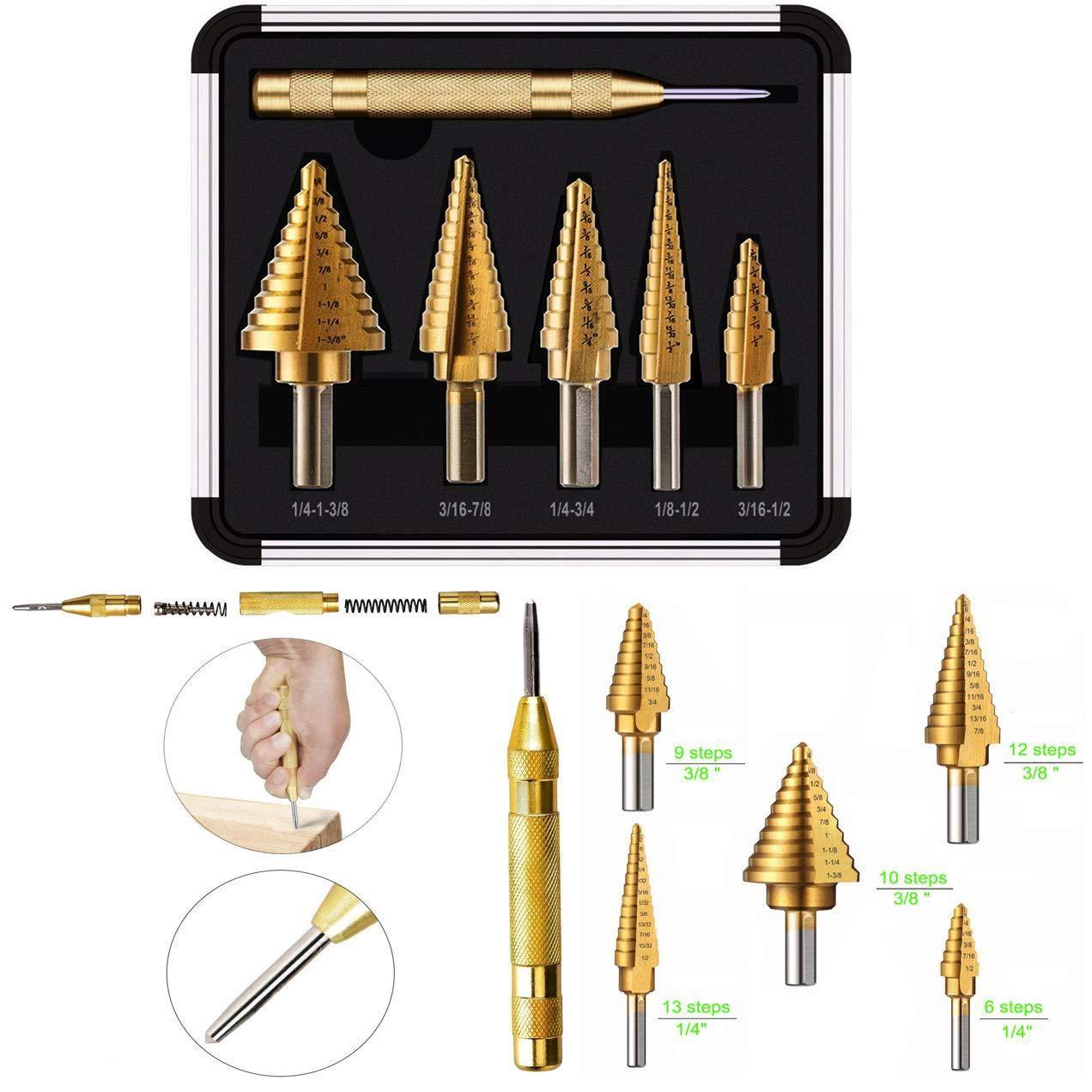 Step Drill Kit,Knoweasy 5PCS HSS Titanium Step Drill Bit Set with Automatic Center Punch and Multiple Hole 50 Sizes of High Speed Steel Step Drill Set with Aluminum Case - knoweasy