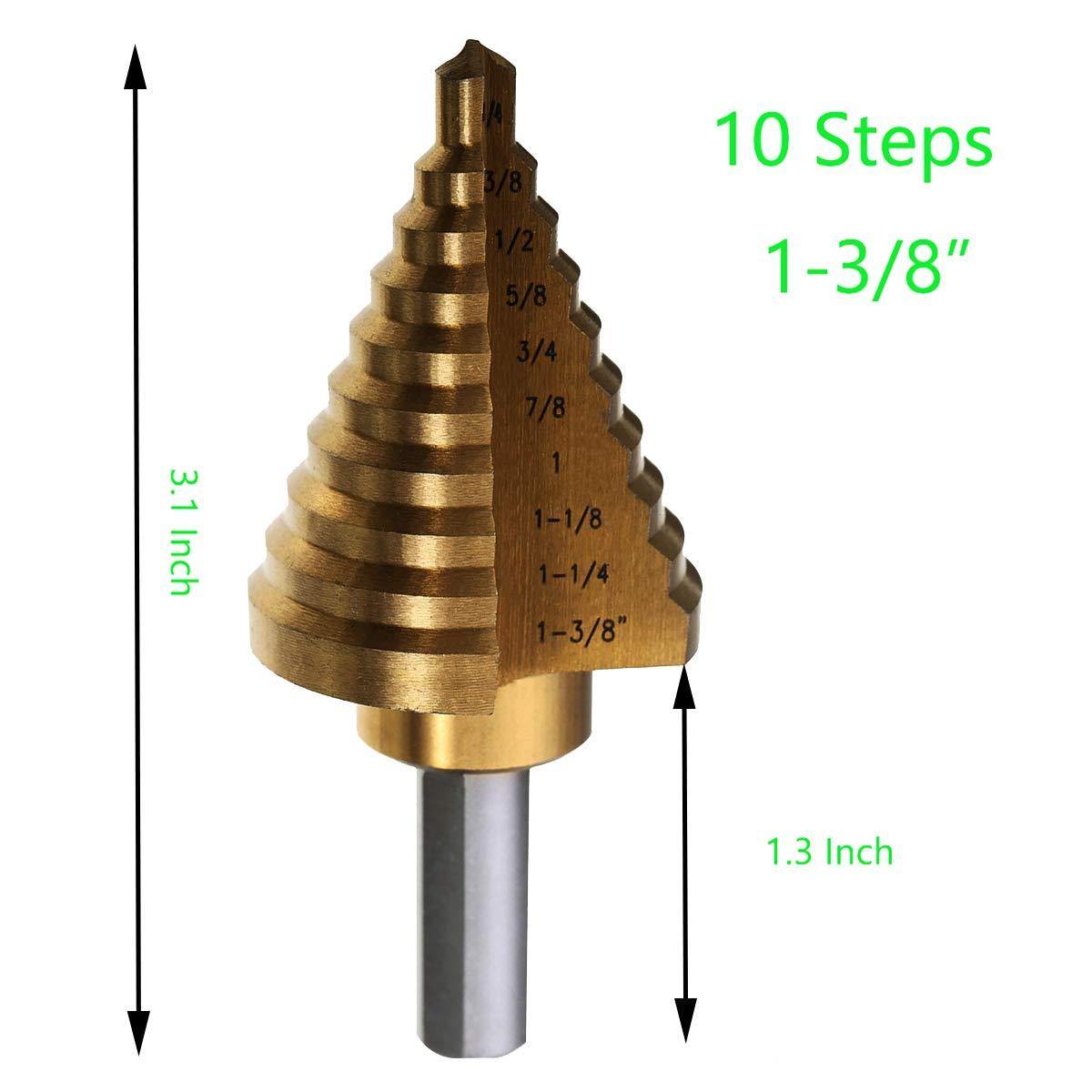 Step Drill,Knoweasy 10 Step Sizes Titanium Step Drill Bit,High Speed Steel 1/4" to 1-3/8" Drill Bits Set,Big Multiple Hole Stepped Up Bit for DIY Lovers - knoweasy