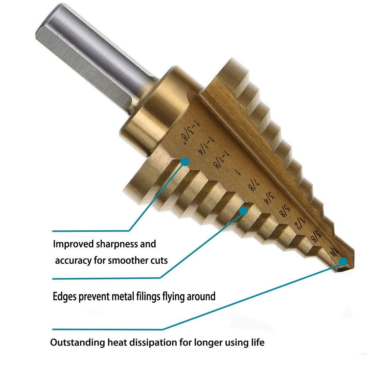 Step Drill,Knoweasy 10 Step Sizes Titanium Step Drill Bit,High Speed Steel 1/4" to 1-3/8" Drill Bits Set,Big Multiple Hole Stepped Up Bit for DIY Lovers - knoweasy