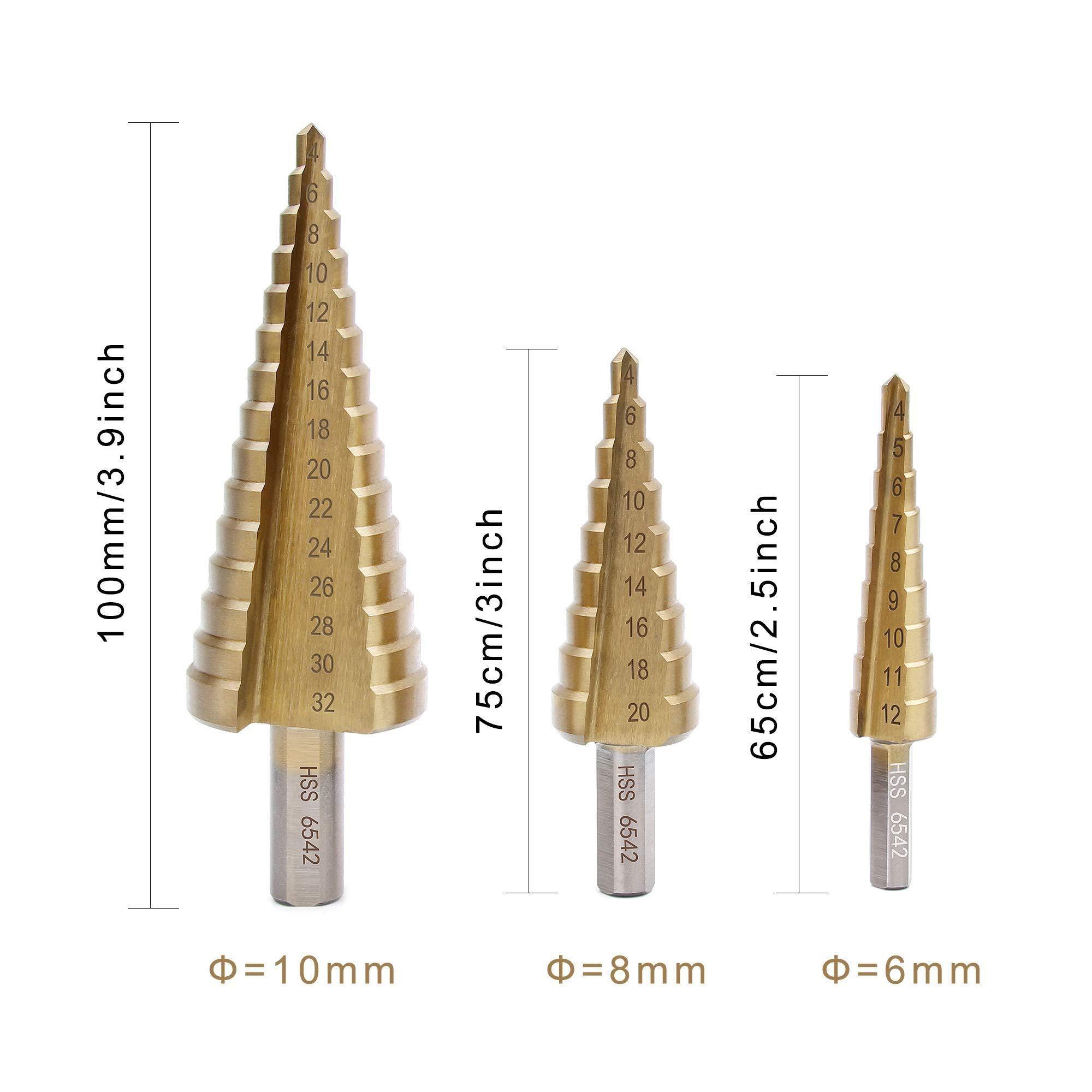 Step Drill,Knoweasy 3Pcs HSS(6542) Step Drill Bit Set,4-12mm/4-20mm/4-32mm Drill Bits Set,Used for Drilling Plate Aluminum Metal Wood Hole, Large Hole Drill Suitable for DIY Lovers - knoweasy
