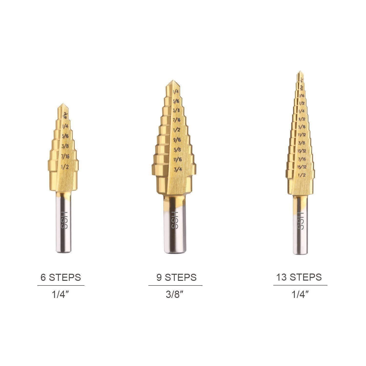 Triangular Handle Step Drill,Knoweasy 3pcs HSS Titanium Coated Step Drill Bit for Metal/Wood Drilling Hole,28 Sizes of Multiple Hole Stepped Up Bits - knoweasy