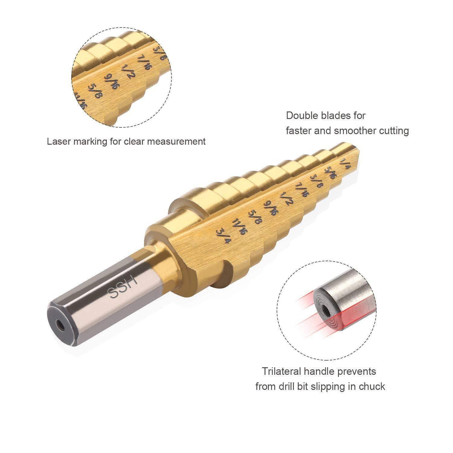 Triangular Handle Step Drill,Knoweasy 3pcs HSS Titanium Coated Step Drill Bit for Metal/Wood Drilling Hole,28 Sizes of Multiple Hole Stepped Up Bits - knoweasy