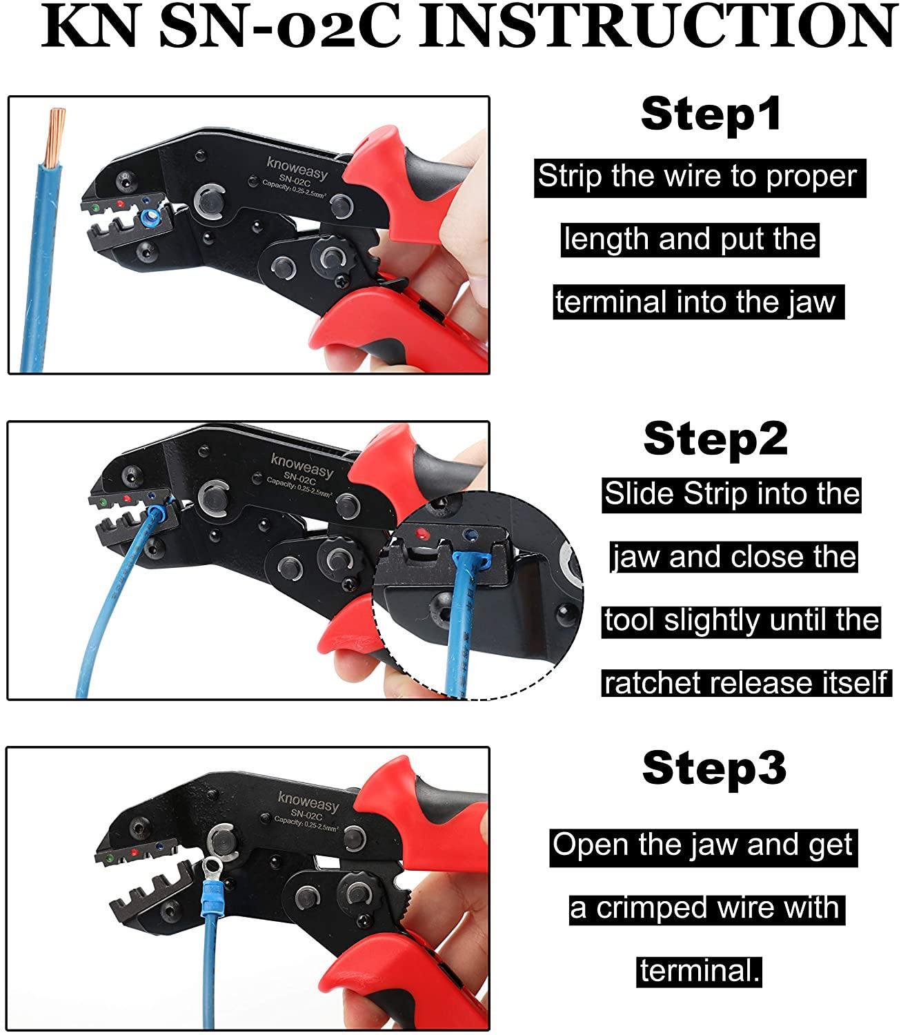 Wire Crimper,Knoweasy Ratcheting Wire Crimping Plier and Ratcheting Crimping Tool for Insulted Terminals and Butt Connectors AWG24-14/0.25-2.5mm² - knoweasyCrimp Tool