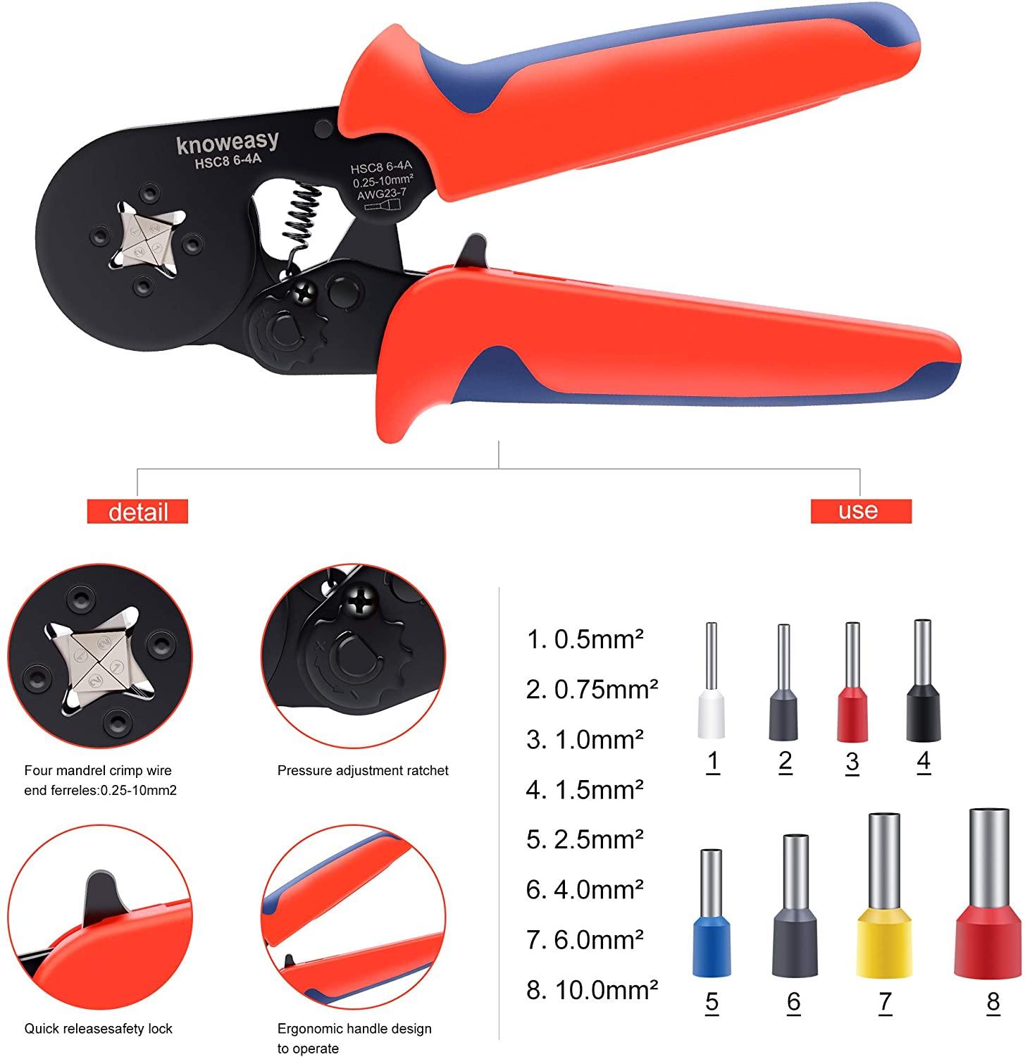 Ferrule Crimping Tool Kit,Knoweasy 6-4A Ferrule Crimper and 2 in 1 Wire  Stripping Tool Cutting 5-20mm/(0.25-0.75inch) with 1200PCS Wire Terminals