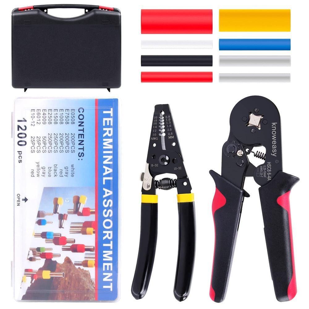 Ferrule Crimping Tool Kit,Knoweay Wire Crimper Set 23-7AWG and Wire Stripper with 1200PCS Wire Ferrules Connectors,185PCS Heat Shrink Tubing With Box - knoweasy