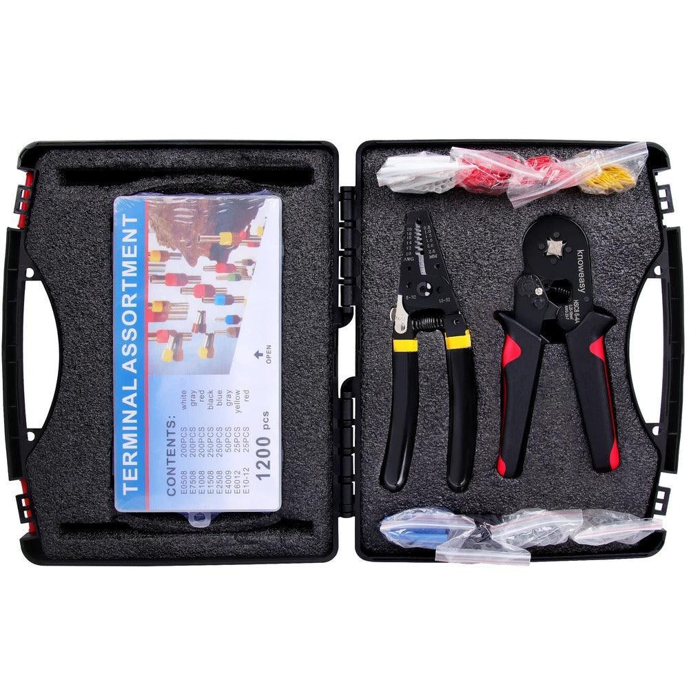 Ferrule Crimping Tool Kit,Knoweay Wire Crimper Set 23-7AWG and Wire Stripper with 1200PCS Wire Ferrules Connectors,185PCS Heat Shrink Tubing With Box - knoweasy