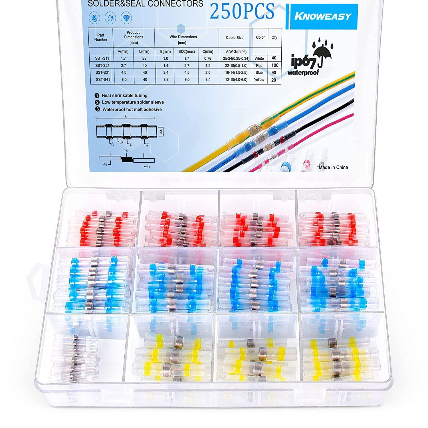 Knoweasy 250PCS Solder Seal Wire Connectors, AWG26-10 High Grade Heat Shrink Butt Connectors, Waterproof Insulated Electrical Butt Splice Wire Terminals for Marine, Boat, Truck, Stereo - knoweasy