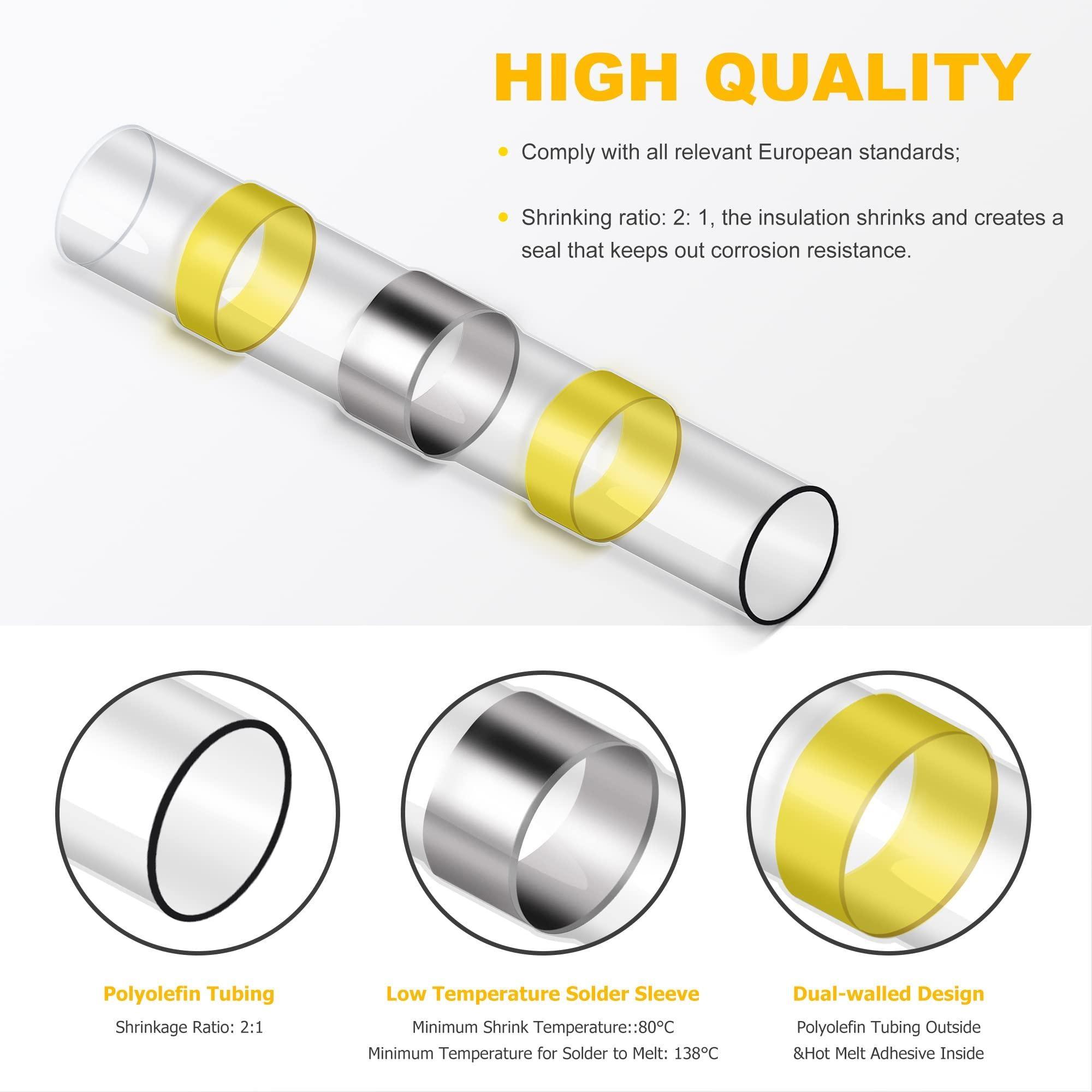 Knoweasy 250PCS Solder Seal Wire Connectors, AWG26-10 High Grade Heat Shrink Butt Connectors, Waterproof Insulated Electrical Butt Splice Wire Terminals for Marine, Boat, Truck, Stereo - knoweasy