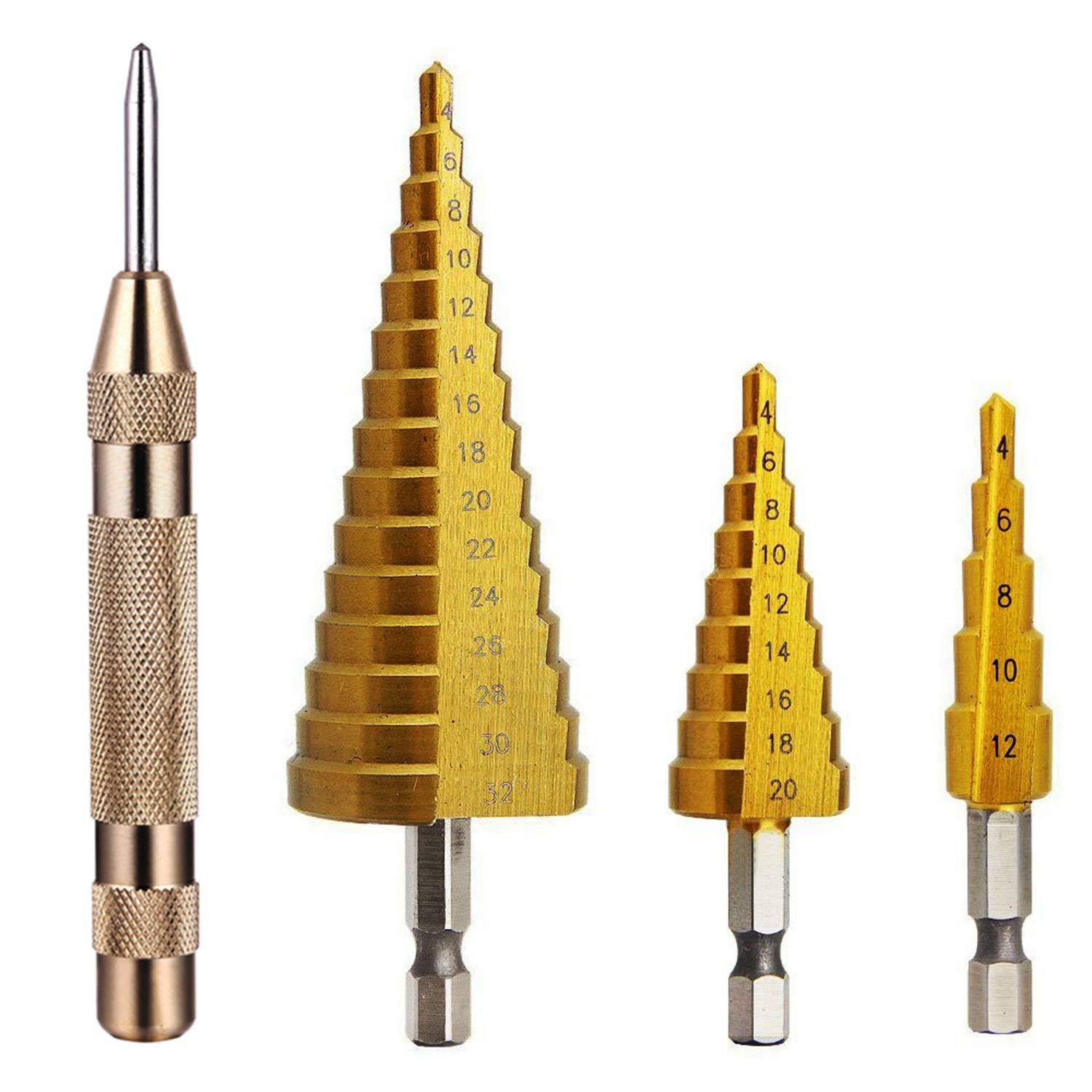 Knoweasy 3Pcs High-Speed Steel Step Drill Bit Set with Automatic Spring  Loaded Center Punch,4-12mm/4-20mm/4-32mm Drill Bits Set for Sheet Metal  Hole