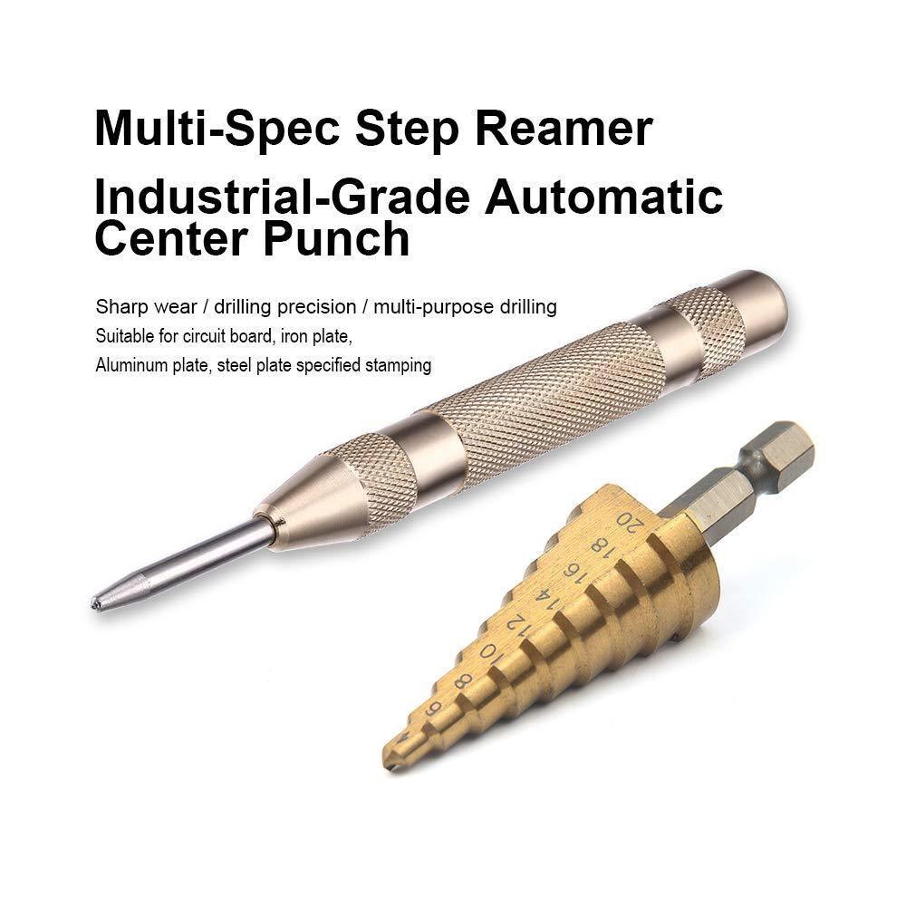 Knoweasy 3Pcs High-Speed Steel Step Drill Bit Set with Automatic Spring Loaded Center Punch,4-12mm/4-20mm/4-32mm Drill Bits Set for Sheet Metal Hole Drilling - knoweasy