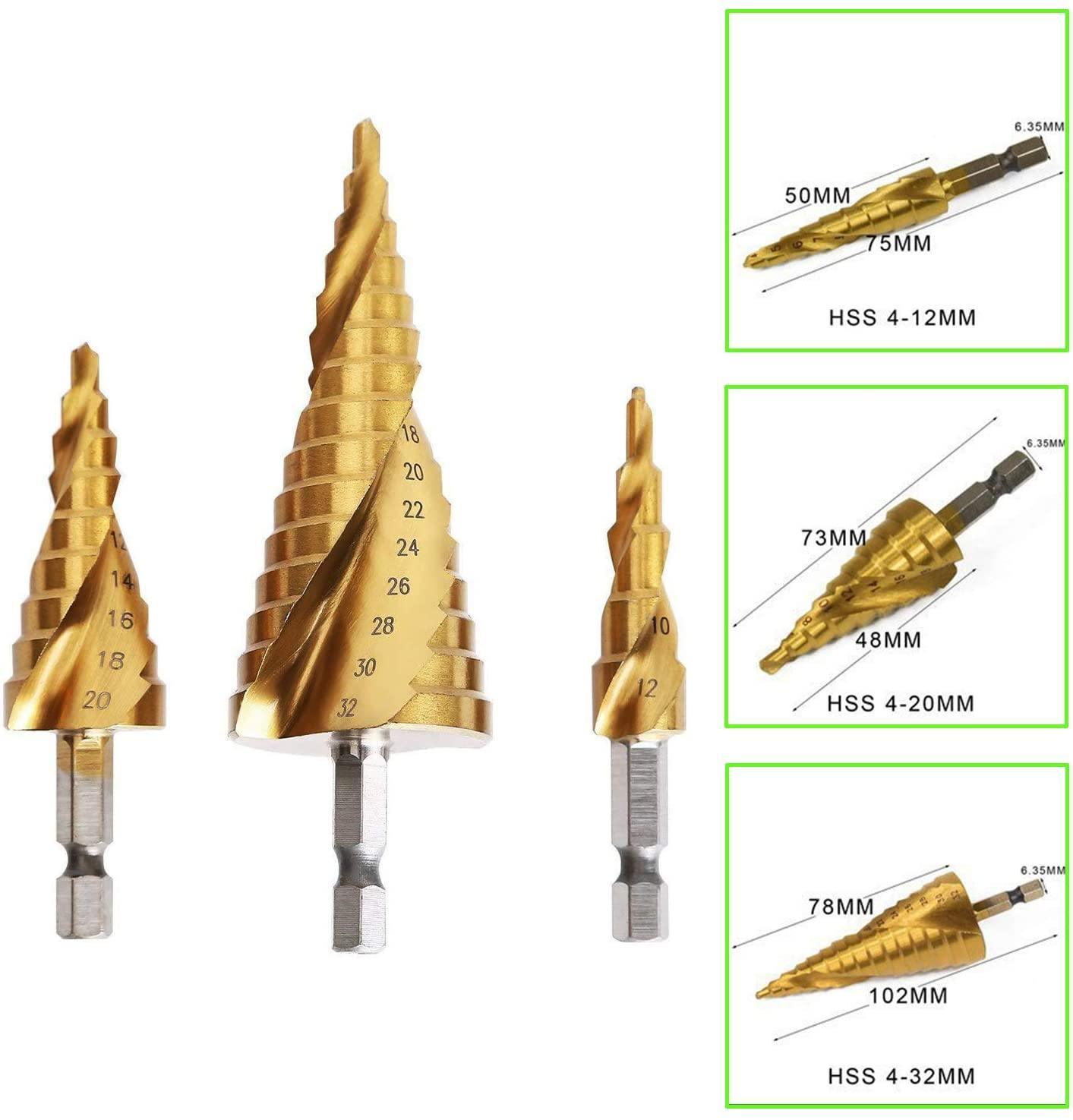 Knoweasy HSS Titanium Coated Spiral Grooved Step Drill 3-Piece Set,4-12mm/4-20mm/4-32mm Drill Bits Set,Used for Drilling Plate Aluminum Metal Wood Hole, Large Hole Drill Suitable for DIY Lovers - knoweasy