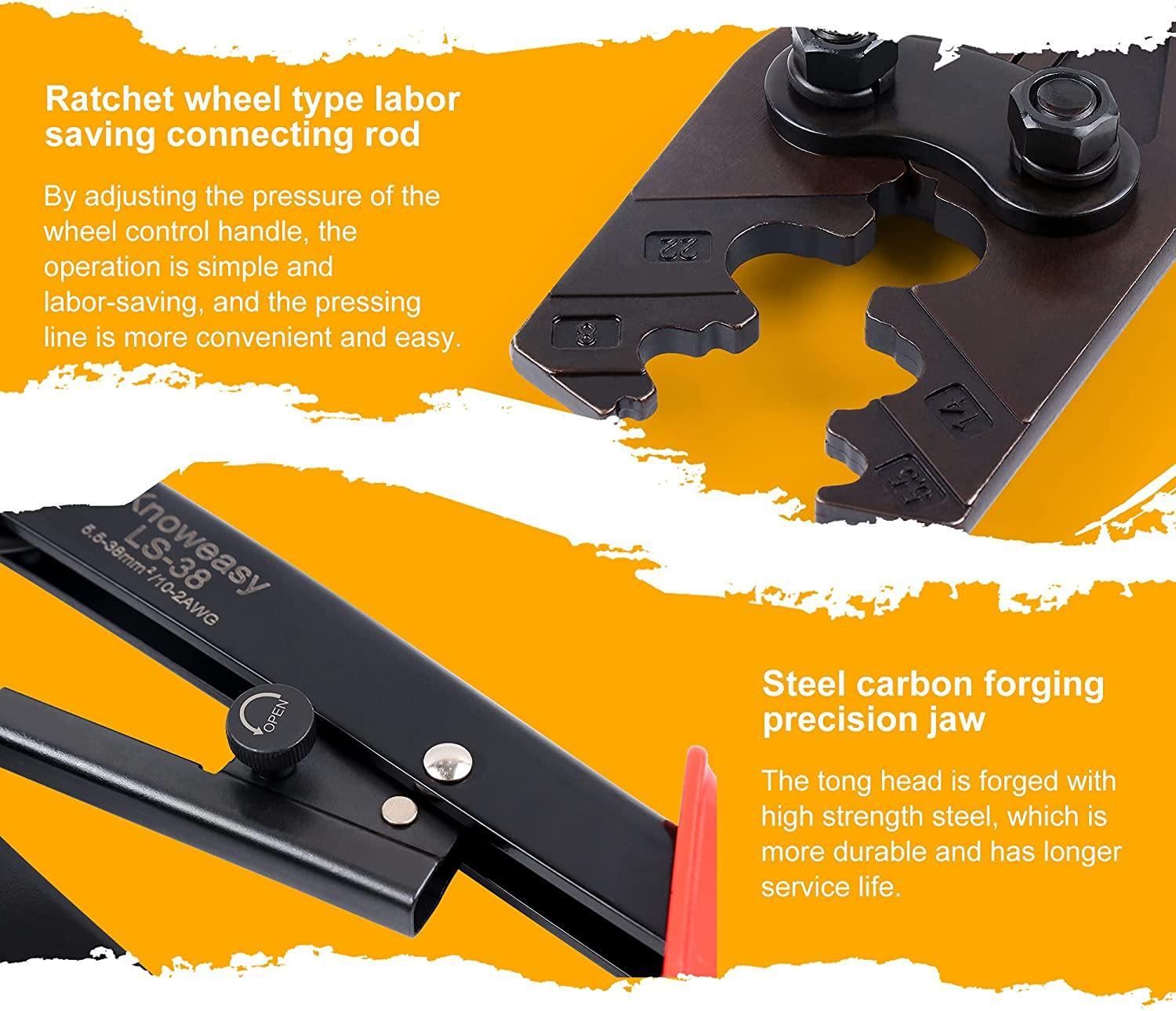 Non-Insulated Terminal Crimping Tool,Knoweasy Ratchet Crimping Tool 5.5-38 mm² (AWG10-2) for Non-Insulated Terminals and Open Barrel Terminals - knoweasy