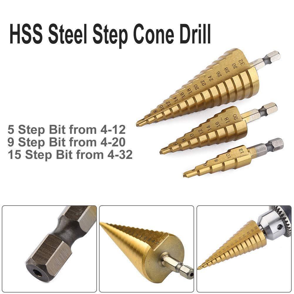 Step Drill Bit,Knoweasy 3Pcs High-Speed Steel Step Drill Set,4-12mm/4-20mm/4-32mm Drill Bits Set,Used for Drilling Plate Aluminum Metal Wood Hole, Large Hole Drill Suitable for DIY Lovers - knoweasy