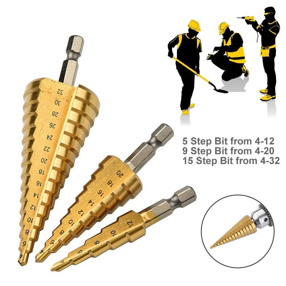 Step Drill Bit,Knoweasy 3Pcs High-Speed Steel Step Drill Set,4-12mm/4-20mm/4-32mm Drill Bits Set,Used for Drilling Plate Aluminum Metal Wood Hole, Large Hole Drill Suitable for DIY Lovers - knoweasy