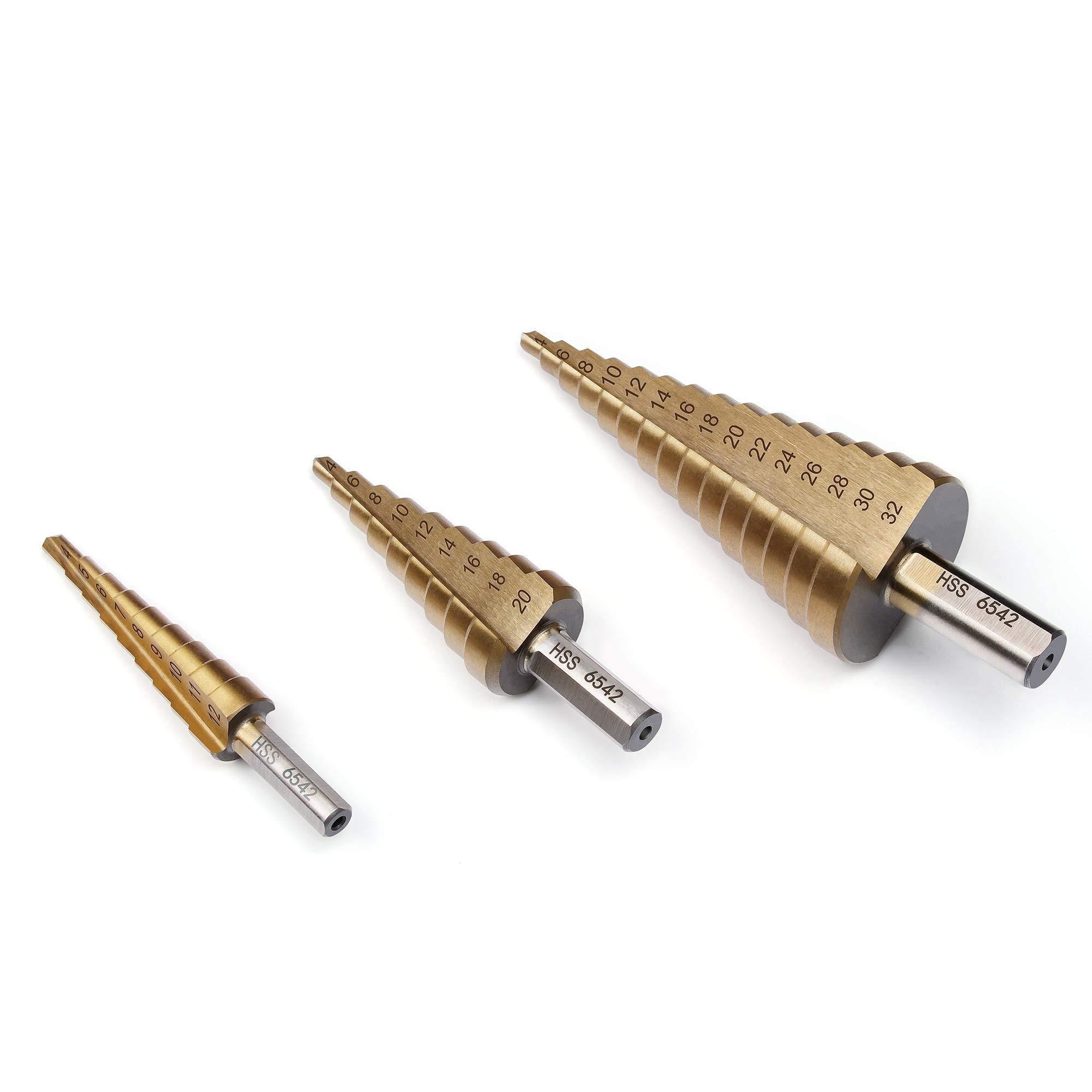 Step Drill,Knoweasy 3Pcs HSS(6542) Step Drill Bit Set,4-12mm/4-20mm/4-32mm Drill Bits Set,Used for Drilling Plate Aluminum Metal Wood Hole, Large Hole Drill Suitable for DIY Lovers - knoweasy