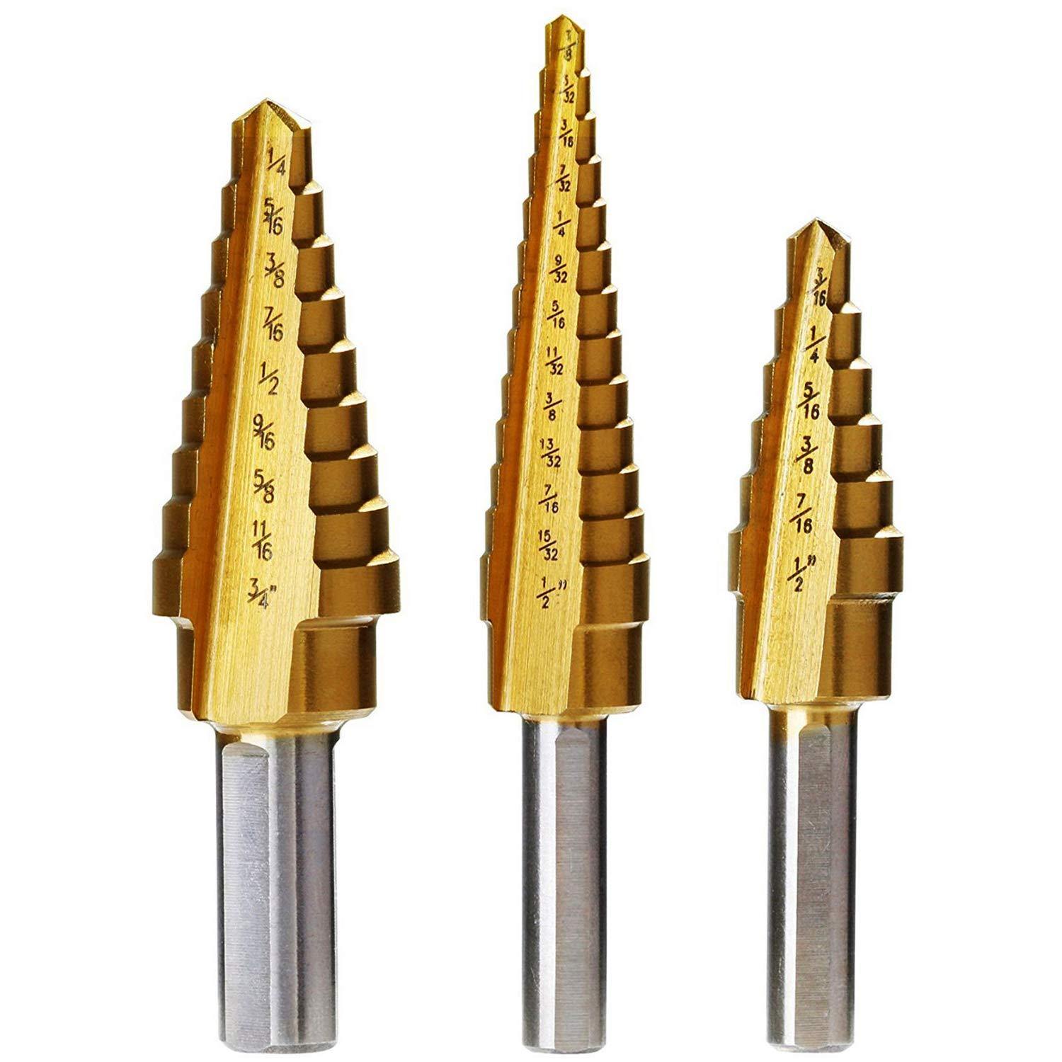 Triangular Handle Step Drill,Knoweasy 3pcs HSS Titanium Coated Step Drill  Bit for Metal/Wood Drilling Hole,28 Sizes of Multiple Hole Stepped Up Bits